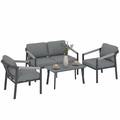 Outsunny 4 Seater Powder Coated Aluminium Garden Furniture Set in Black with Upholstered Cushions