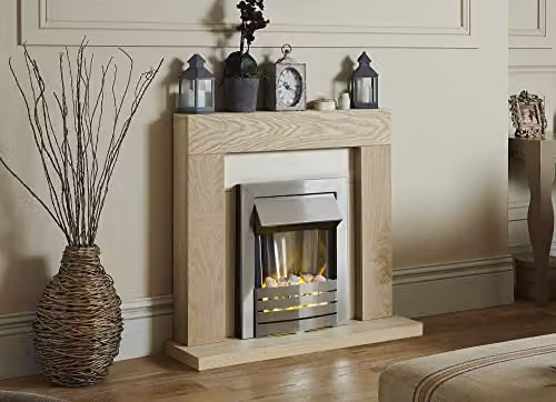 Adam Fires & Fireplaces Malmo Electric Fireplace Suite in Oak and Stainless Steel with 2000 Watt Helios Electric Fire in Black or Grey – 2