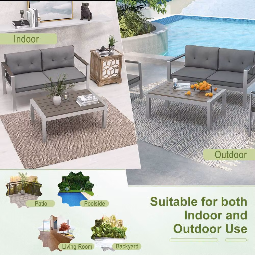 Costway Modern Rectangular Outdoor Coffee Table in Grey Powder Coated Aluminium – 6