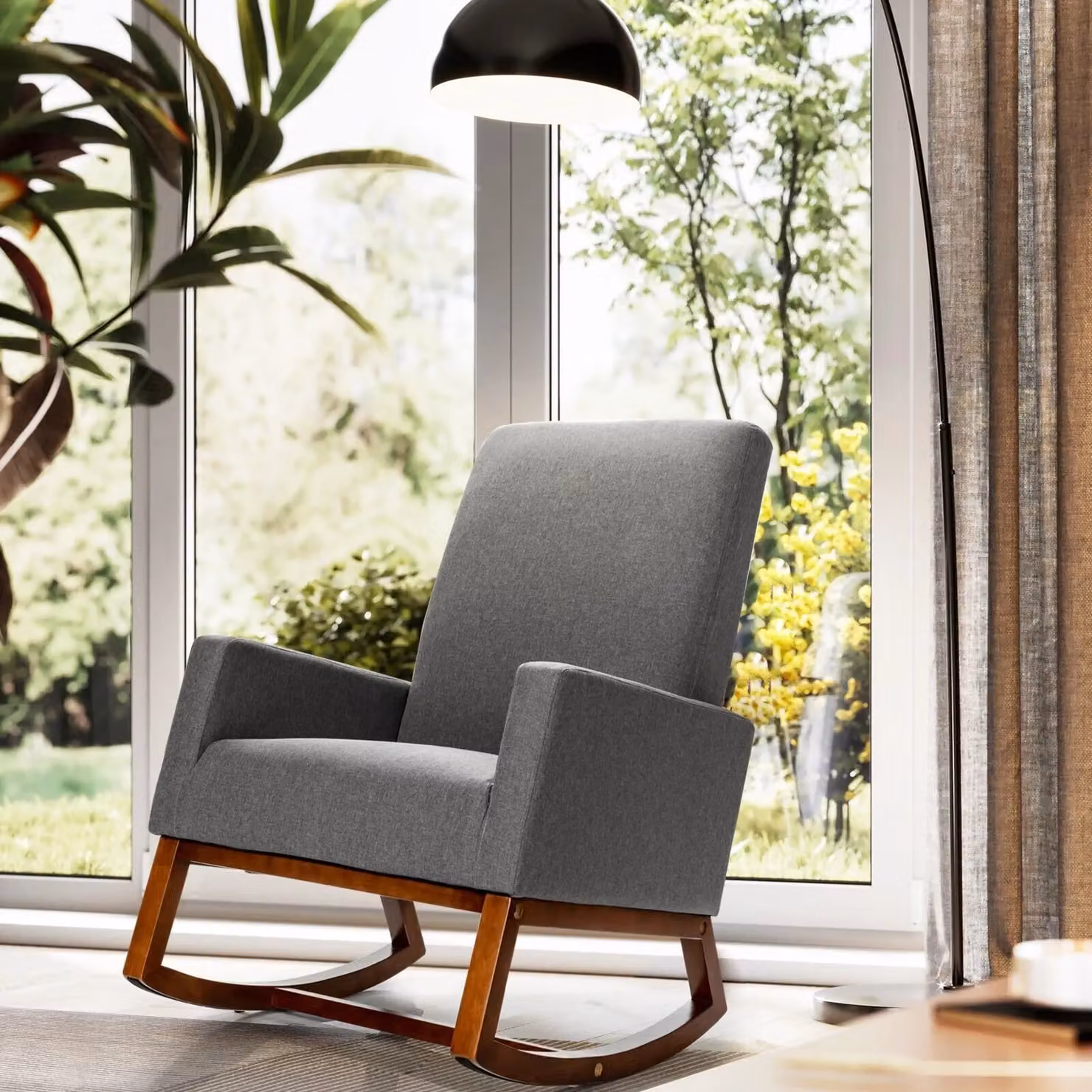 Costway Modern Upholstered Fabric Rocking Chair with Rubber Wood Base in Grey – 4