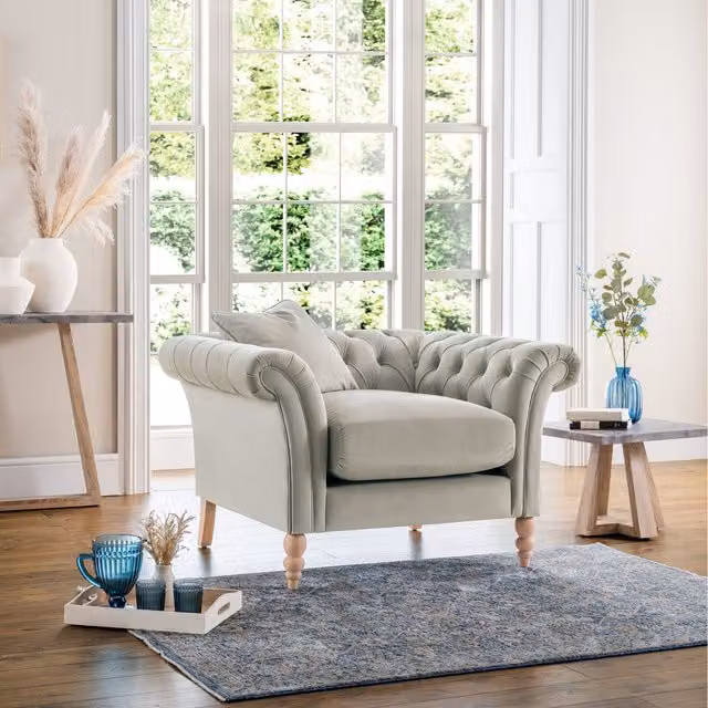 FurnitureboxUK Olivia Velvet Chesterfield Armchair in Ice Pale Grey with Feather Filling and Solid Wood Frame