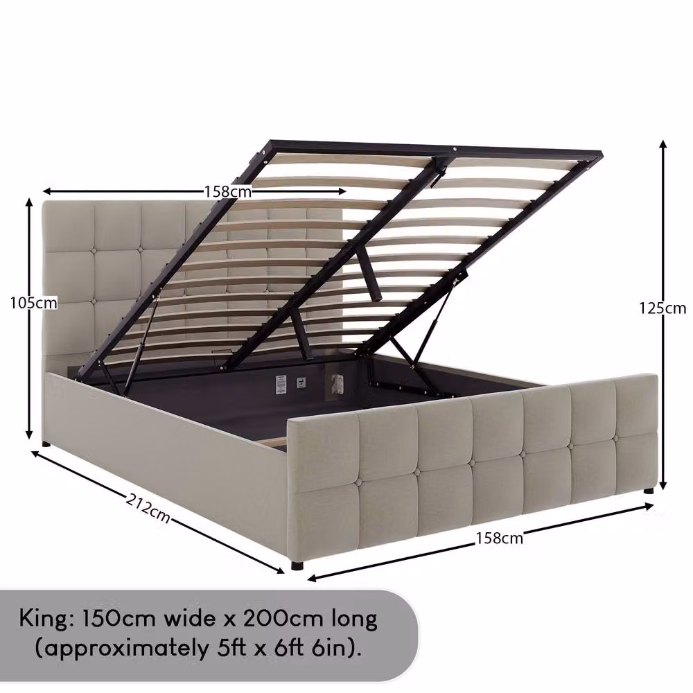 Vida Designs Valentina King Ottoman Bed Frame in Beige Linen with Lift Up Storage Base – 5