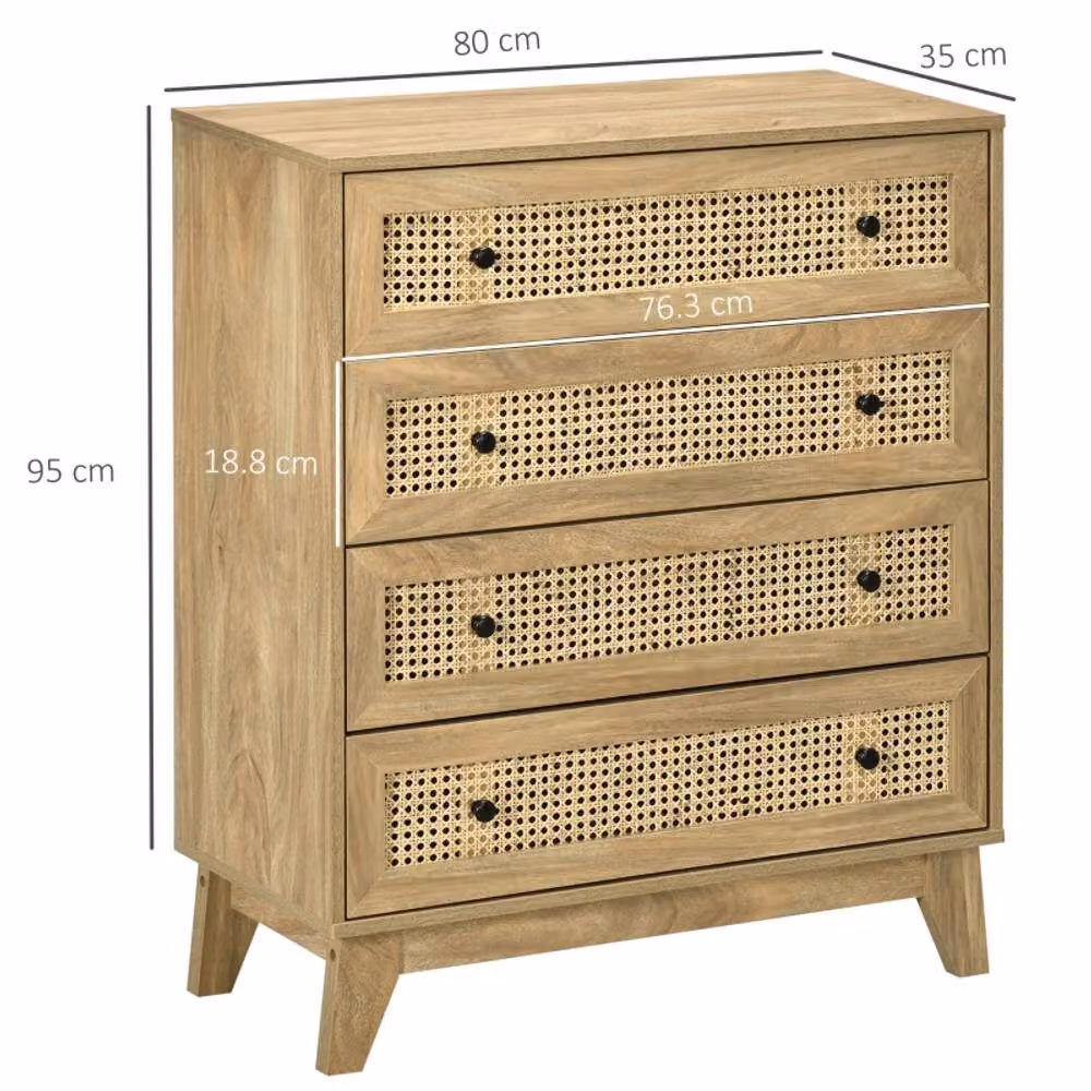 STILVORA 4 Drawer Storage Cabinet with Rattan Panels in Natural Wood Effect and Beige – 2