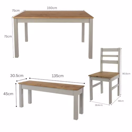 Core Products Linea 1500 mm Rectangular Dining Table with Linea Bench and 4 Corona Dining Chairs in Antique Waxed Pine and Grey – 2
