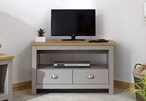GFW Lancaster Grey and Oak Corner TV Cabinet with 2 Drawers and Media Compartments