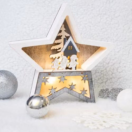 mysmartbuy Battery Powered Wooden Light Up Christmas Star Festive Scene Ornament with Snowman Carving in White, H19 x W19 x D3.5 cm – 2