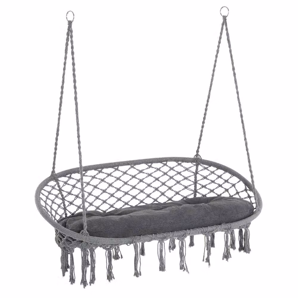 OUTSUNNY Macrame Hanging Hammock Chair in Cream White and Dark Grey – 2