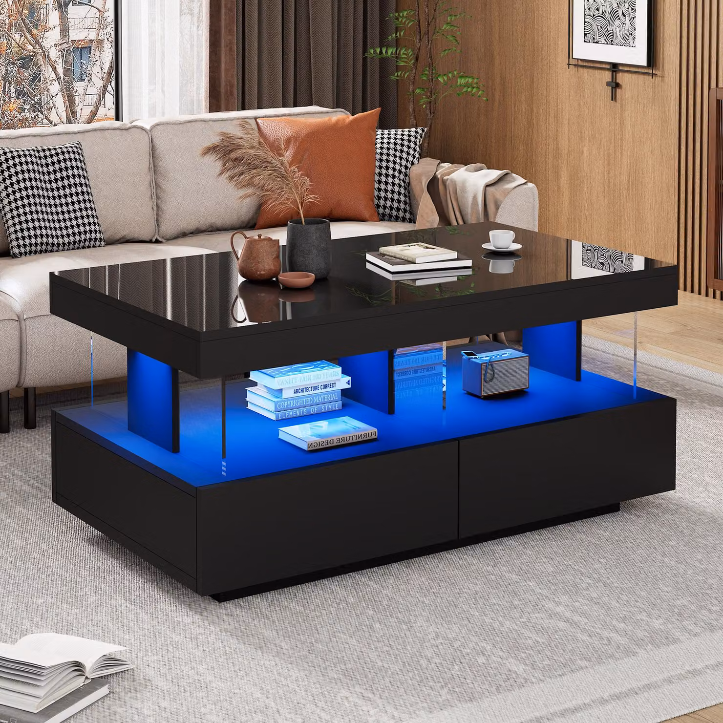 Aosom UK Modern Black Coffee Table with 2 Drawers, Open Storage and LED Lights, W: 100 cm, D: 60 cm, H: 49.5 cm – 5