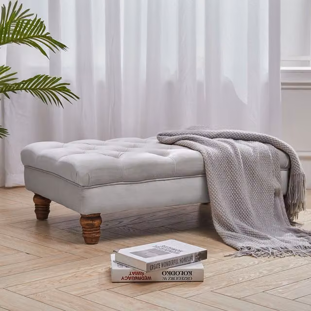 Livingandhome Grey Upholstered Fabric Buttoned Rectangular Pouffe Footstool, Width: 90 cm