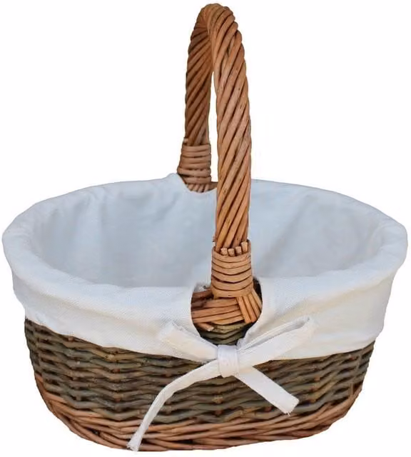 Red Hamper Wicker Oval Shopping Basket with White Cotton Lining, Small