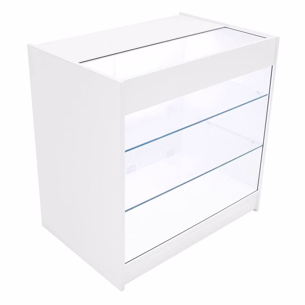 Monstershop Triton LED Shop Counter Set K900, B900 & CM60 in White with Glass Sliding Doors and Integrated Lighting