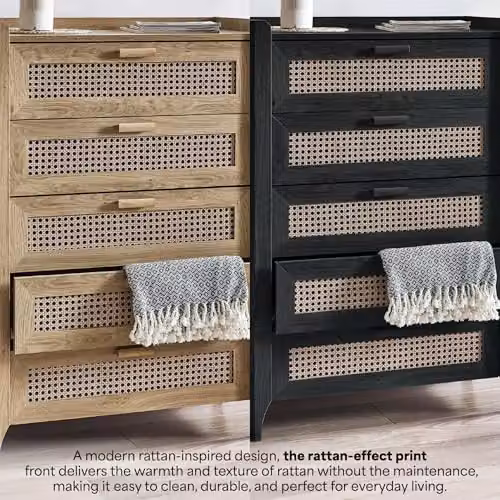 Julian Bowen Sydney 5 Drawer Chest in Light Oak with Rattan Print, H: 114 cm, W: 80 cm – 3
