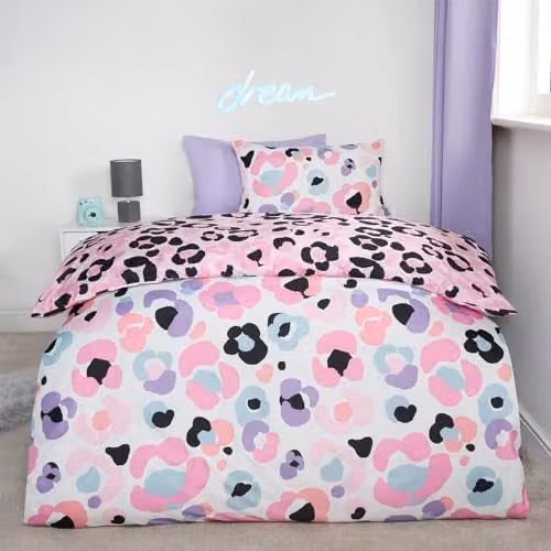 OHS Reversible Leopard Print Double Duvet Cover Set with Pillowcases, Pink and White – 1