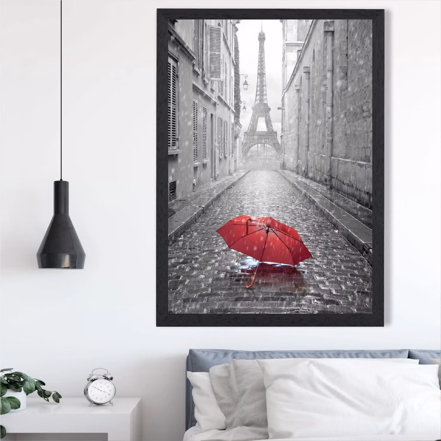 ARTZE Red Umbrella in Paris with Eiffel Tower Framed Print, Black Frame, A3 – 2
