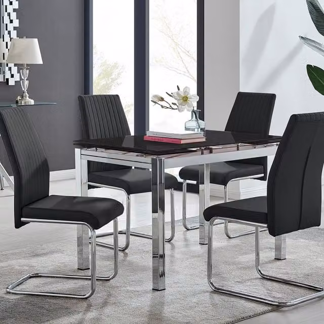 FurnitureboxUK Enna Black Glass Extending Dining Table and 4 Lorenzo Chairs Set