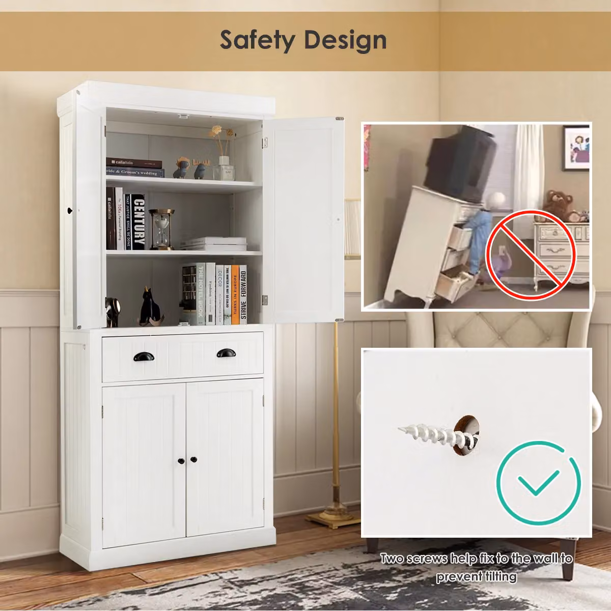 Gymax White Modern Kitchen Pantry Cabinet with 2 Hinged Doors and Internal Drawers, Height: 183 cm – 4