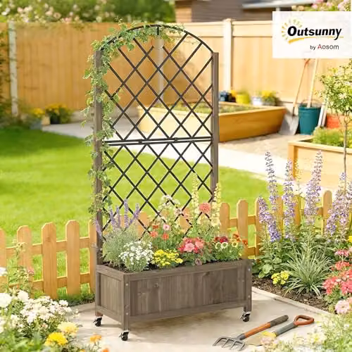 Outsunny Brown Carbonised Wood Raised Garden Bed with Metal Trellis and Lockable Wheels, W/D/H: 168 x 72 x 36 cm – 2