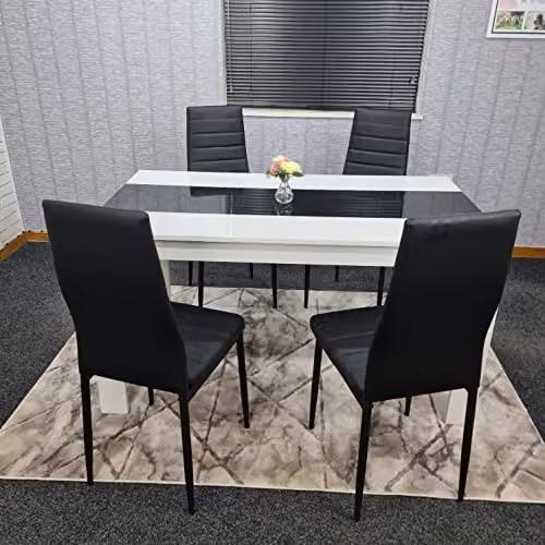 KOSY KOALA Modern Dining Table and 4 Chairs Set with Black Glass Top and Black Faux Leather Chairs, White, W: 117 cm, D: 77 cm, H: 75 cm – 3