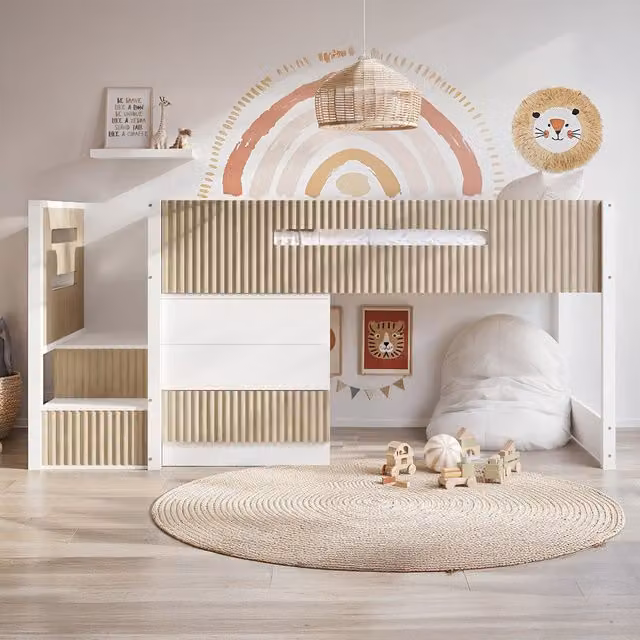 Flair Luca Mid Sleeper Bed with 3 Drawer Ribbed Chest and Stairs in Oak and White
