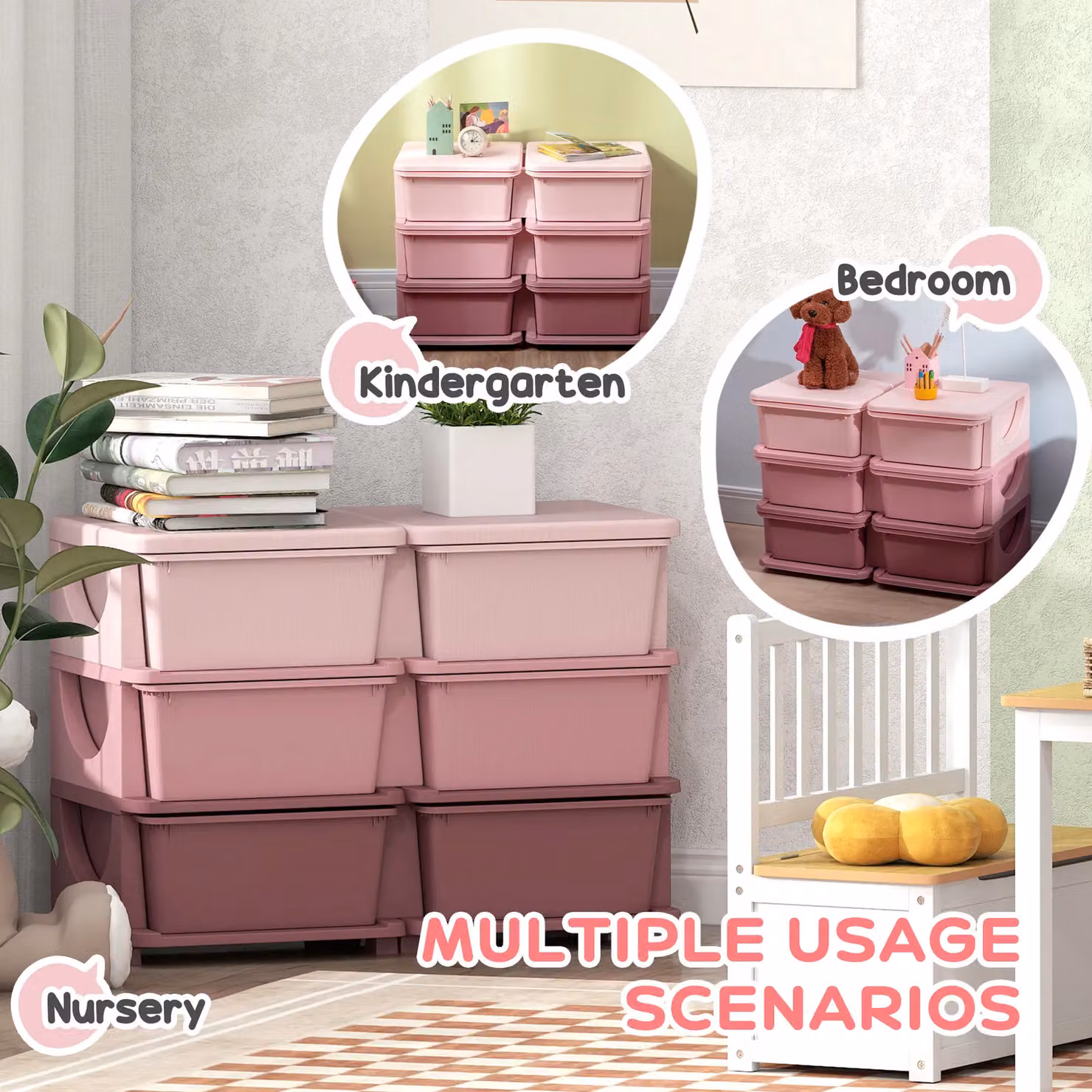 HOMCOM Pink 3 Tier Plastic Kids Toy Storage Organiser Tower – 6