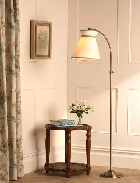 Laura Ashley Dearham Adjustable Floor Lamp in Antique Brass and Beige Fabric