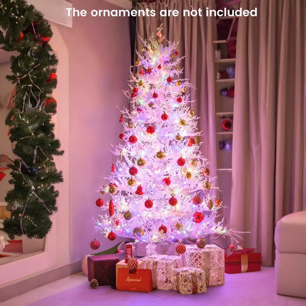 Gymax 180 cm Pre-lit Artificial Christmas Tree with Snow Flocked Branch Tips in White – 3