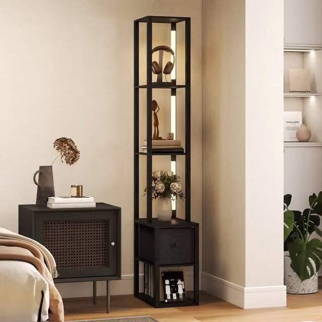 HOMCOM LED Floor Lamp with Shelves and Fabric Drawer in Black, H 169 x W 43.5 x D 26.5 cm – 1