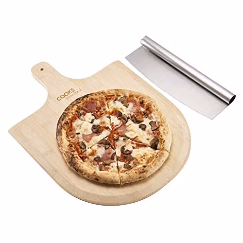 Cooks Professional Bamboo Pizza Board and Stainless Steel Cutter Set, Natural Brown, W: 35 cm, D: 33 cm