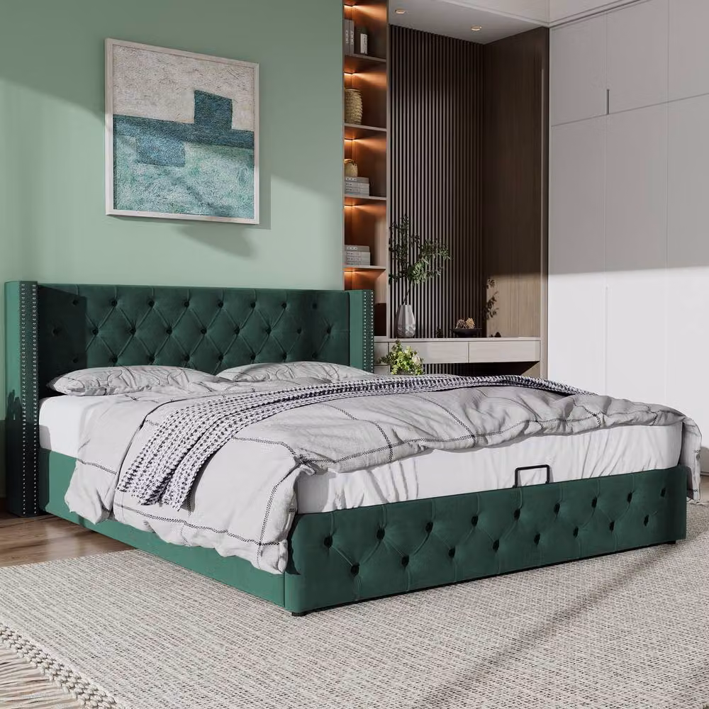 Rolipo Modern Upholstered Velvet Double Bed in Green with Lift Up Base, W/D/H: 140 x 200 cm – 3