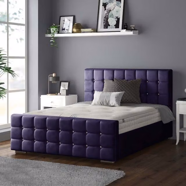 IH Design Cube Chesterfield Upholstered Plush Velvet Bed Frame with Diamond Detail in Purple, W/D/H: 140 x 200 cm