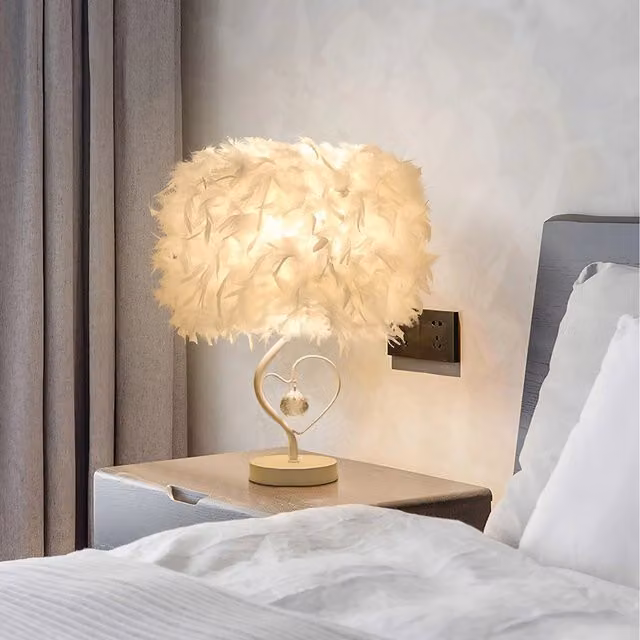 Kidkid White and Gold Table Lamp with Feather Lampshade and Crystal Details