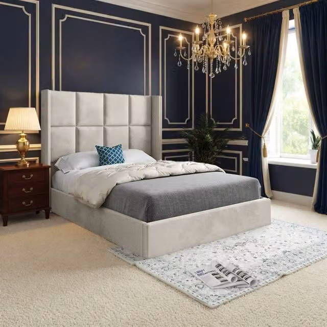 KDMD Stambourne Winged Upholstered Designer Bed Frame in Beige Soft Velvet, W/D/H: 137 x 128 x 200 cm – 1