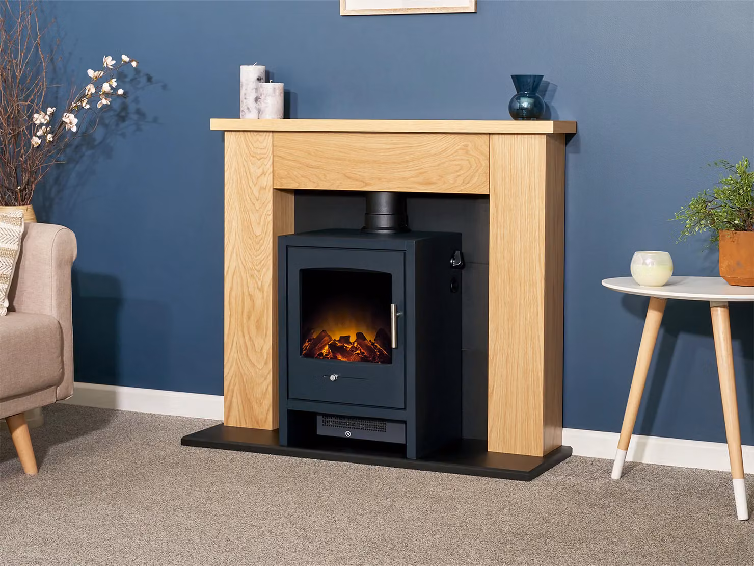 Adam Fires & Fireplaces Chester Stove Fireplace in Oak and Black with Bergen Electric Stove in Charcoal Grey – 2