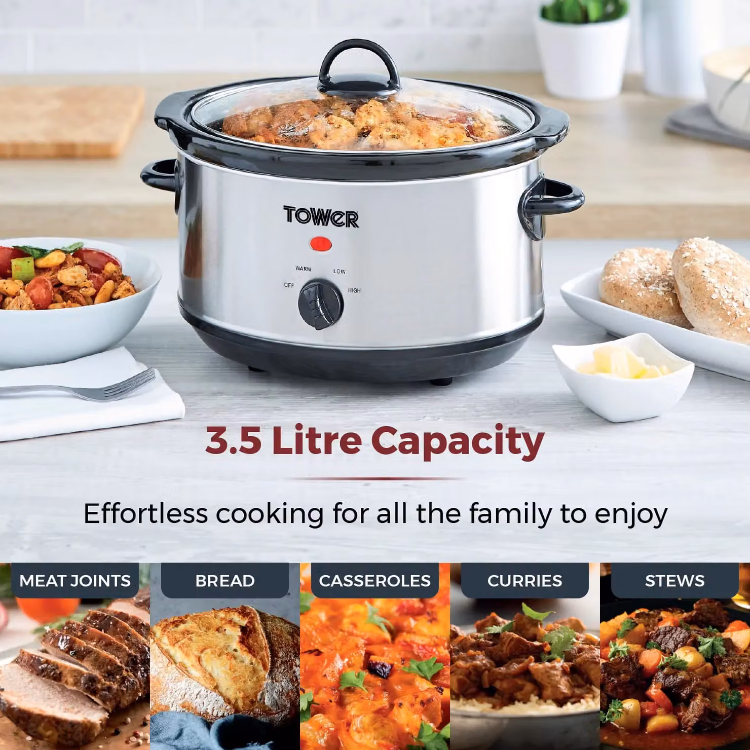 Tower 3.5L Slow Cooker in Silver Stainless Steel with Keep Warm Function and Dishwasher Safe Parts – 3