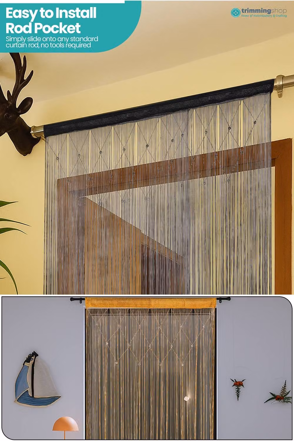 Neel Blue Beaded String Curtain Panel in Black and Gold, Width: 100 cm, Height: 200 cm – 4