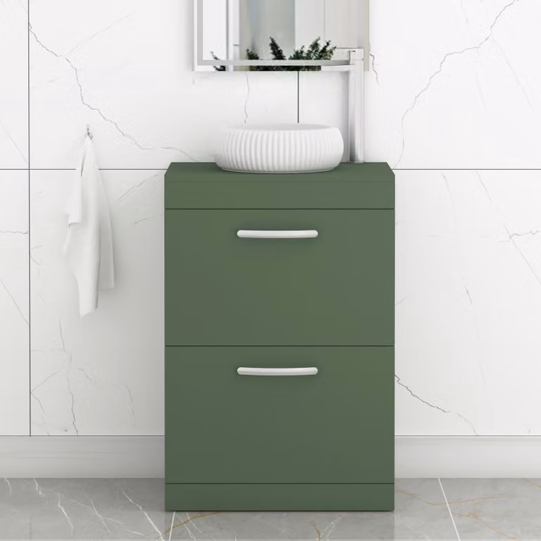 Royal Bathrooms Turin 500mm Floor Standing 2 Drawer Vanity Unit in Matt Green with Milan Countertop Basin and Brushed Brass Handle