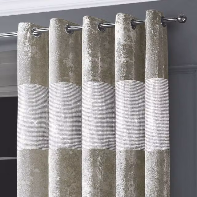 Intimates Diamante Velvet Eyelet Curtains in Beige and Silver, Width: 228 cm, Drop: 183 cm