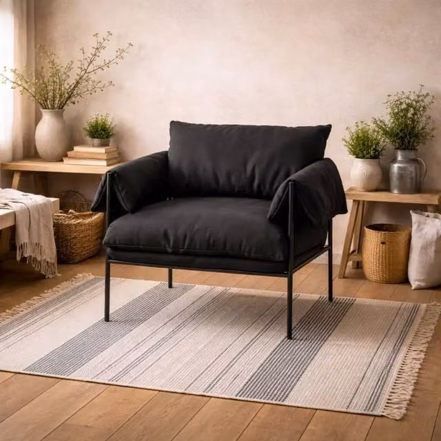 Wyld Haus Wardour Minimalist Black Houseweave Armchair with Matt Black Metal Legs