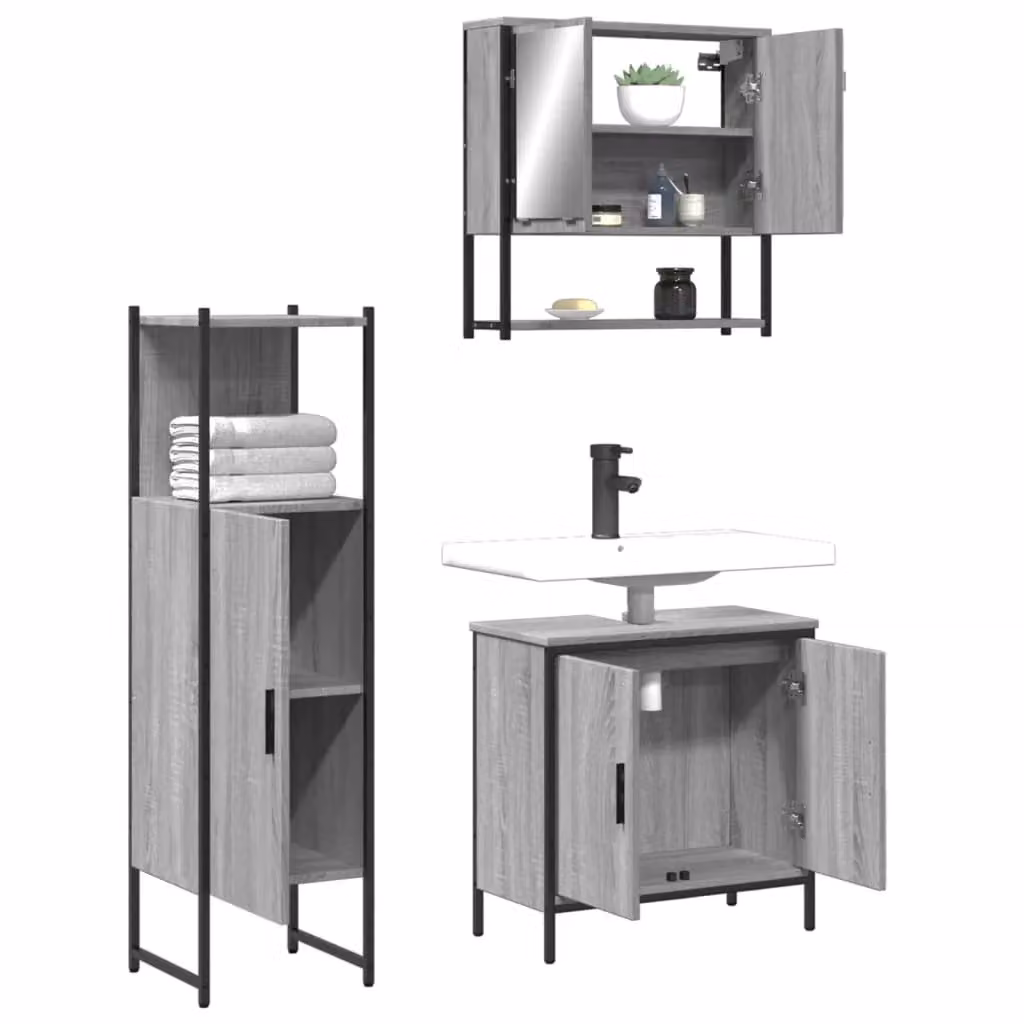Berkfield Home 3 Piece Grey Bathroom Furniture Set with Mirror Cabinet and Vanity Unit – 2