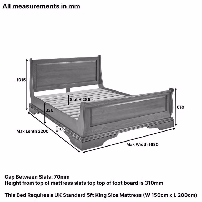 FORGEVIO King Size French Louis Sleigh Bed in Natural Solid Oak