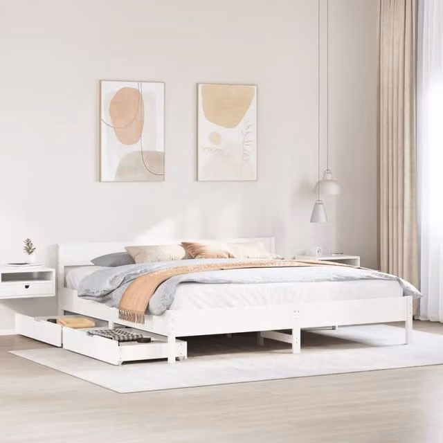 Berkfield Home White Solid Wood Pine Bed Frame with Drawers, W/D/H: 180 x 200 cm
