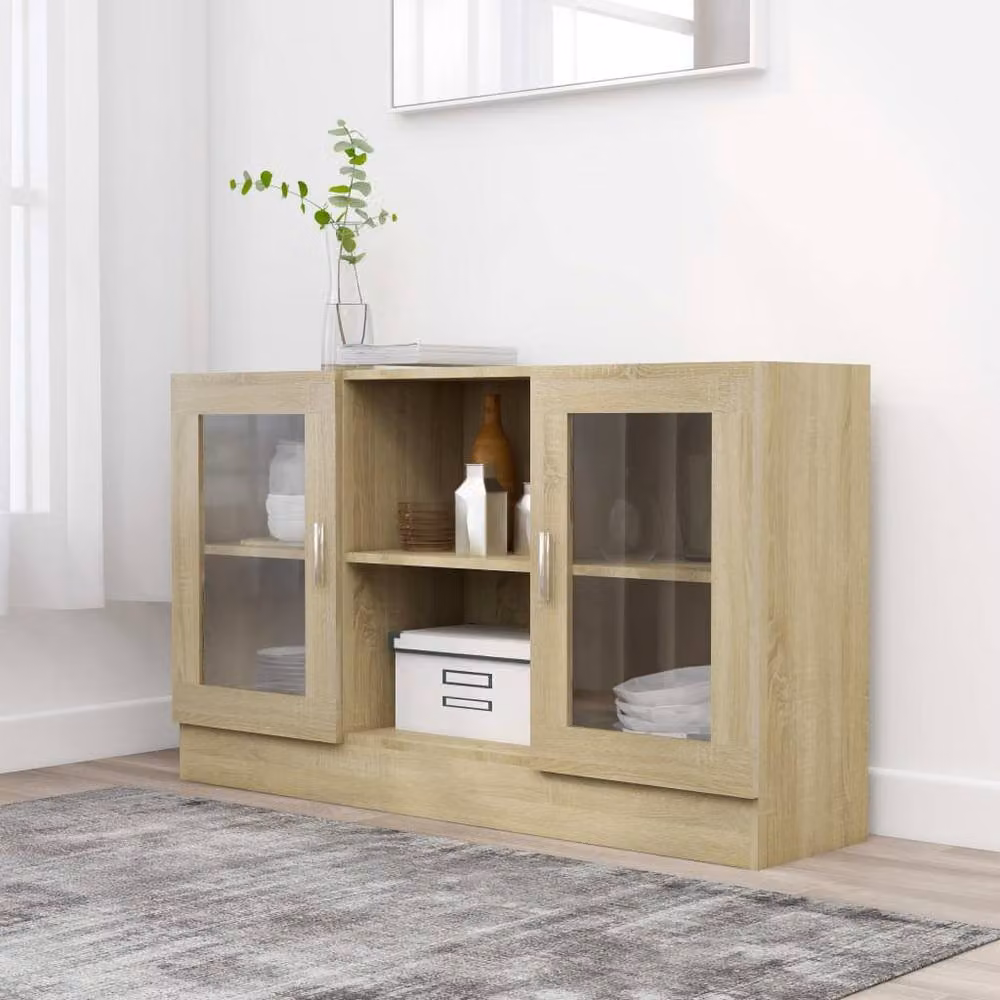 Berkfield Home Vitrine Cabinet in Sonoma Oak and Light Beige, W/D/H: 120 x 30.5 x 70 cm – 2