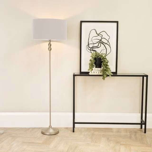 ValueLights Maggie Brushed Chrome Candlestick Floor Lamp with Grey Fabric Shade and LED Bulb