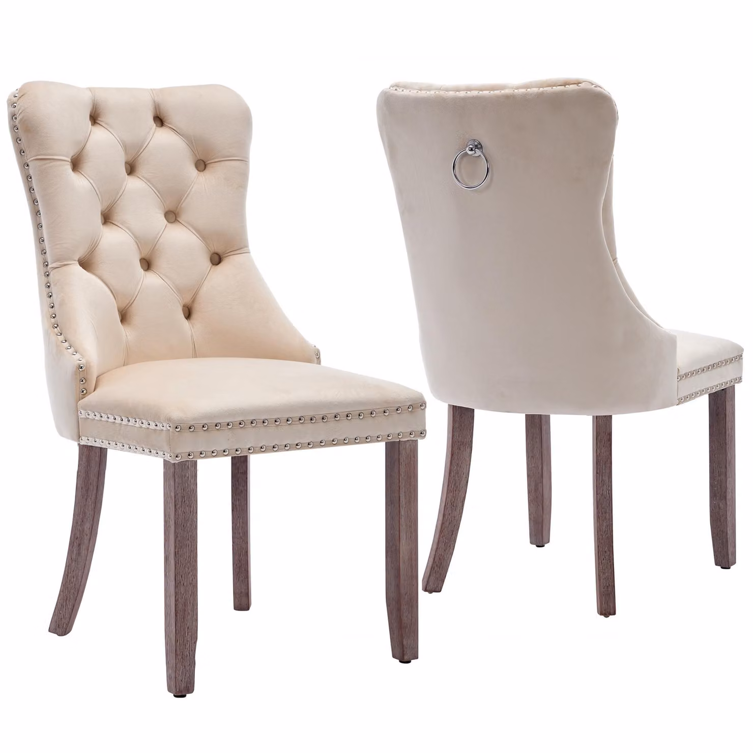 Aosom UK Set of 2 Beige Velvet Upholstered Dining Chairs with Button Tufted Back and Brushed Wood Legs, W/D/H: 64 x 50 x 96 cm – 2