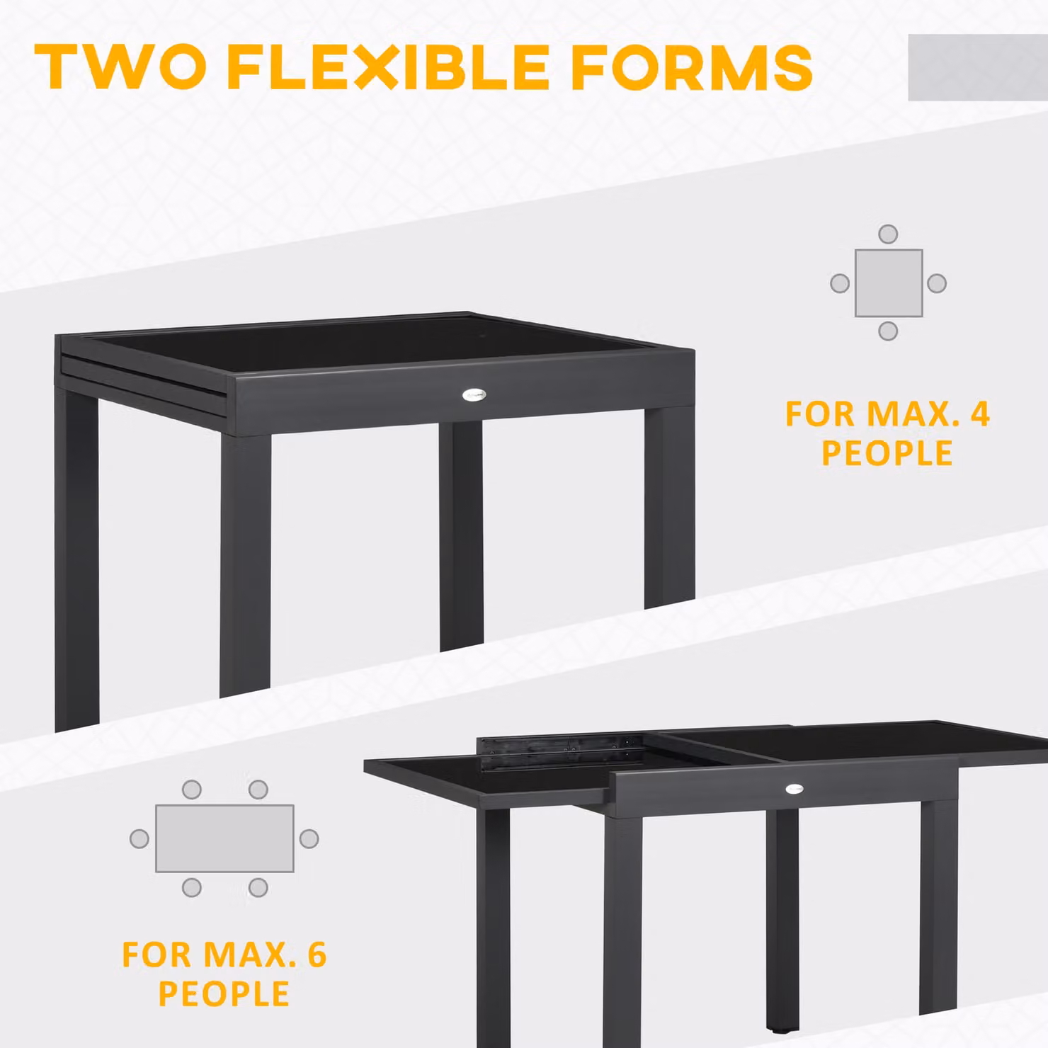 Outsunny Extendable Rectangular Garden Dining Table with Black Powder Coated Aluminium Frame and Glass Top, W: 80 cm, D: 80-160 cm, H: 75 cm – 4