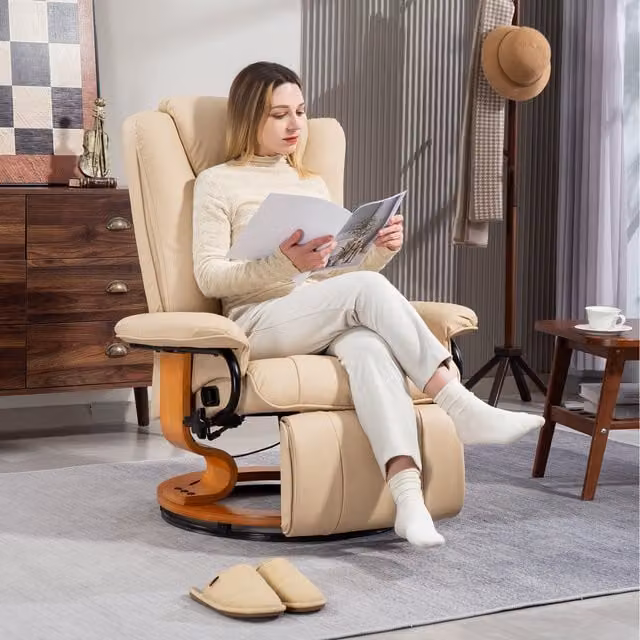 HOMCOM Manual Recliner Chair with Footrest, Adjustable Backrest and Swivel Function, Beige Synthetic Leather