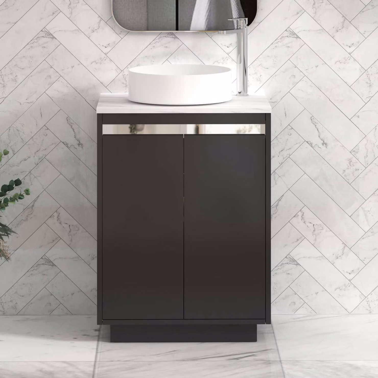 Royal Bathrooms Orion 600mm Matt Obsidian Black Floor Standing 2 Door Vanity Unit with Art Basin and Chrome Accent Trim