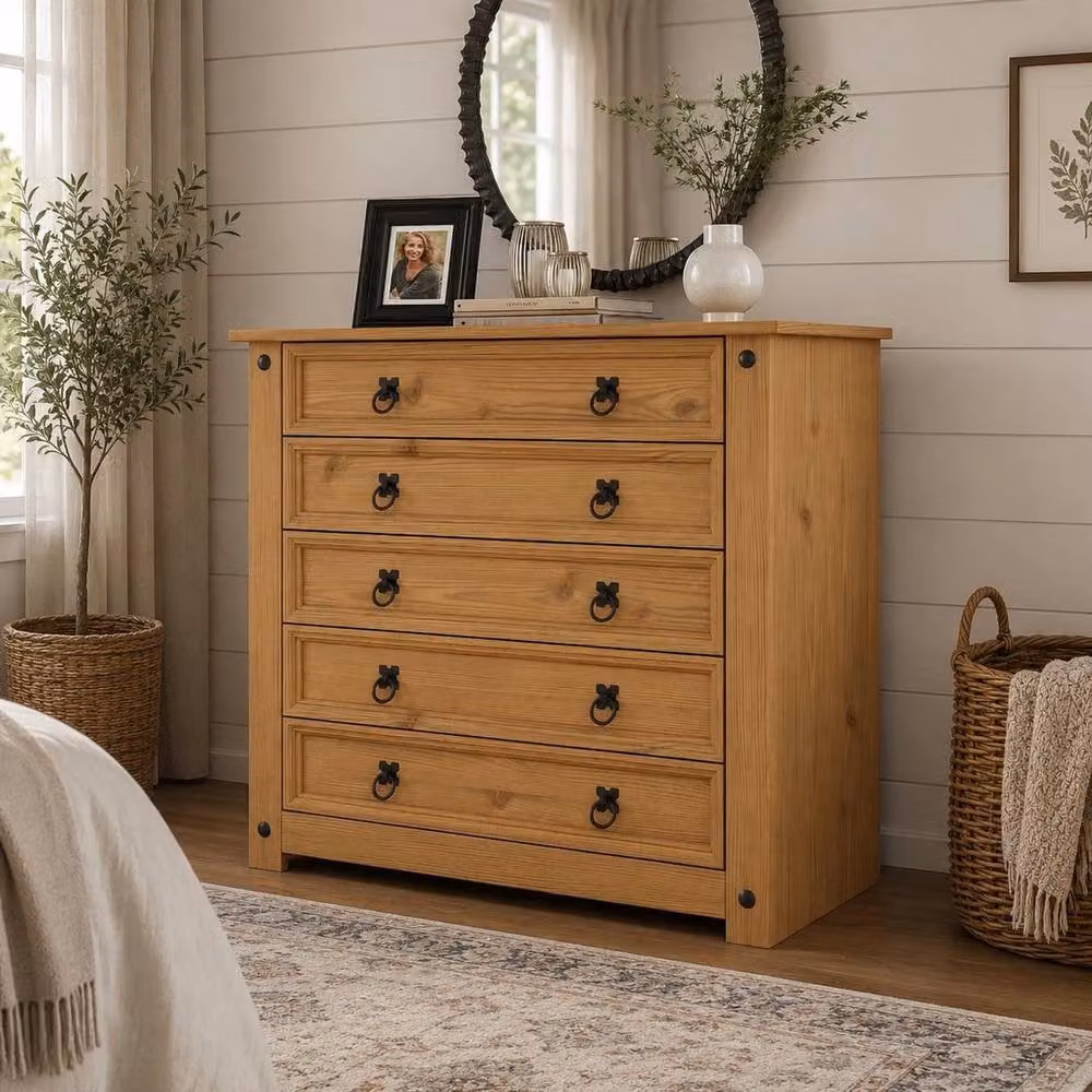 FORGEVIO 5 Drawer Solid Pine Chest of Drawers in Natural Wood – 2