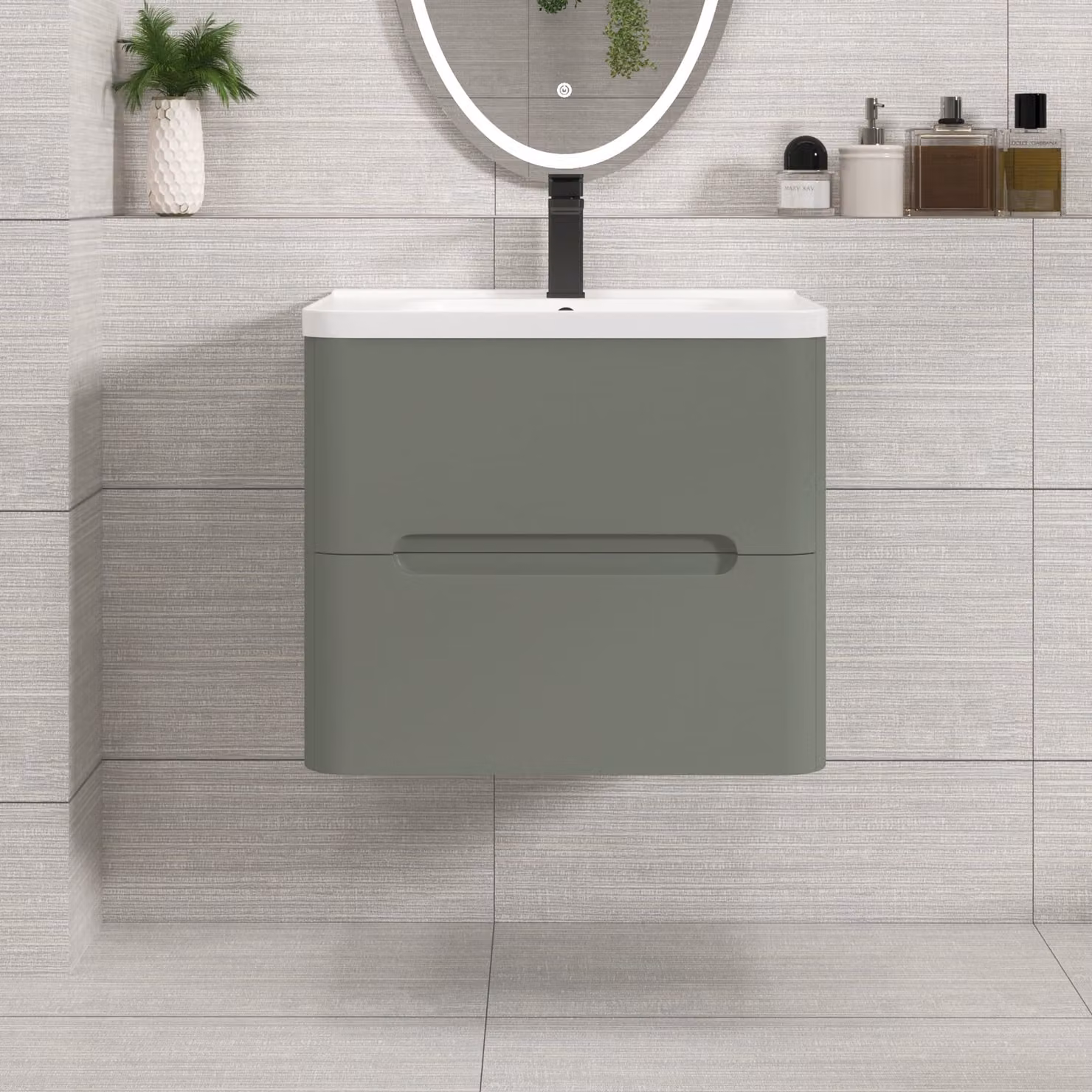 Royal Bathrooms Venice Art Deco Wall Hung Vanity Unit with Ceramic Basin, Sage Green