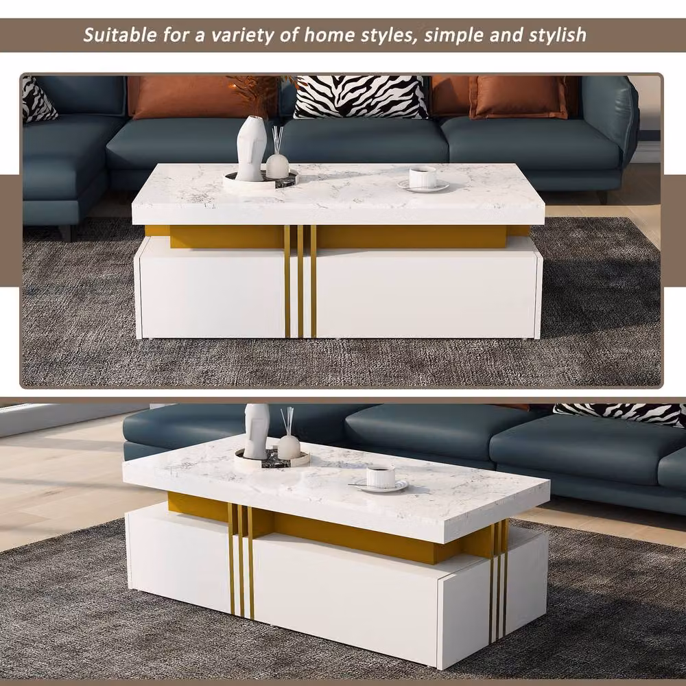 BTM Modern Rectangular Table with Marble Top and Wood Drawers in White, W/D/H: 50 x 40 x 30 cm – 6